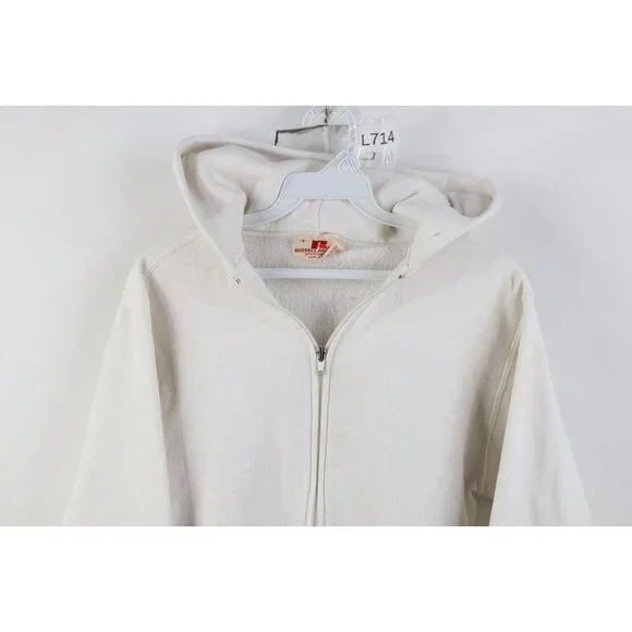 Vtg 70s Russell Athletic Mens Small Blank Full Zip Hoodie Sweatshirt White USA